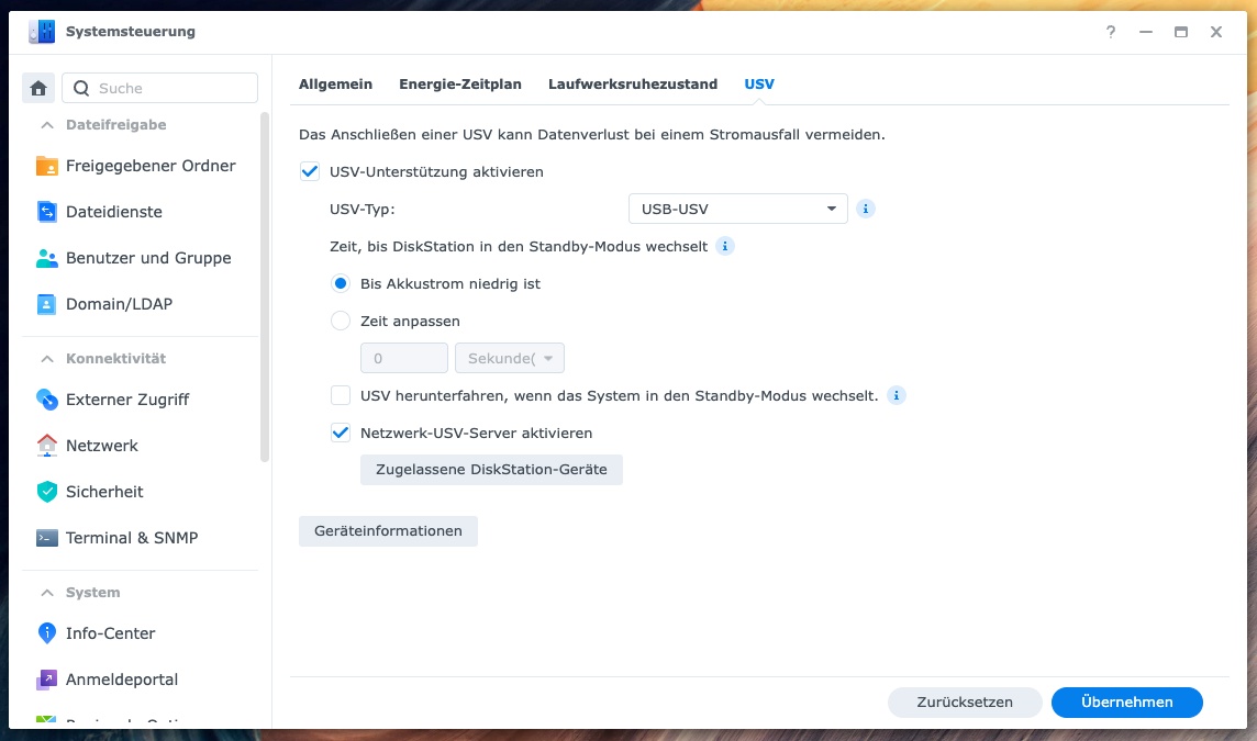 ynology DSM Systemsteuerung – USV-Einstellungen mit aktiviertem Netzwerk-USV-Server